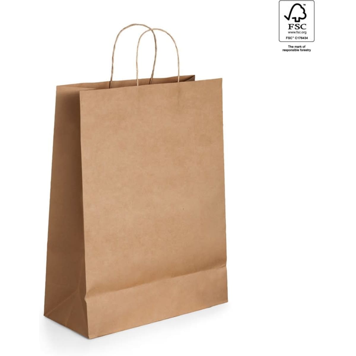 A brown paper kraft bag with a flat base and twisted handles, featuring a logo on the side.