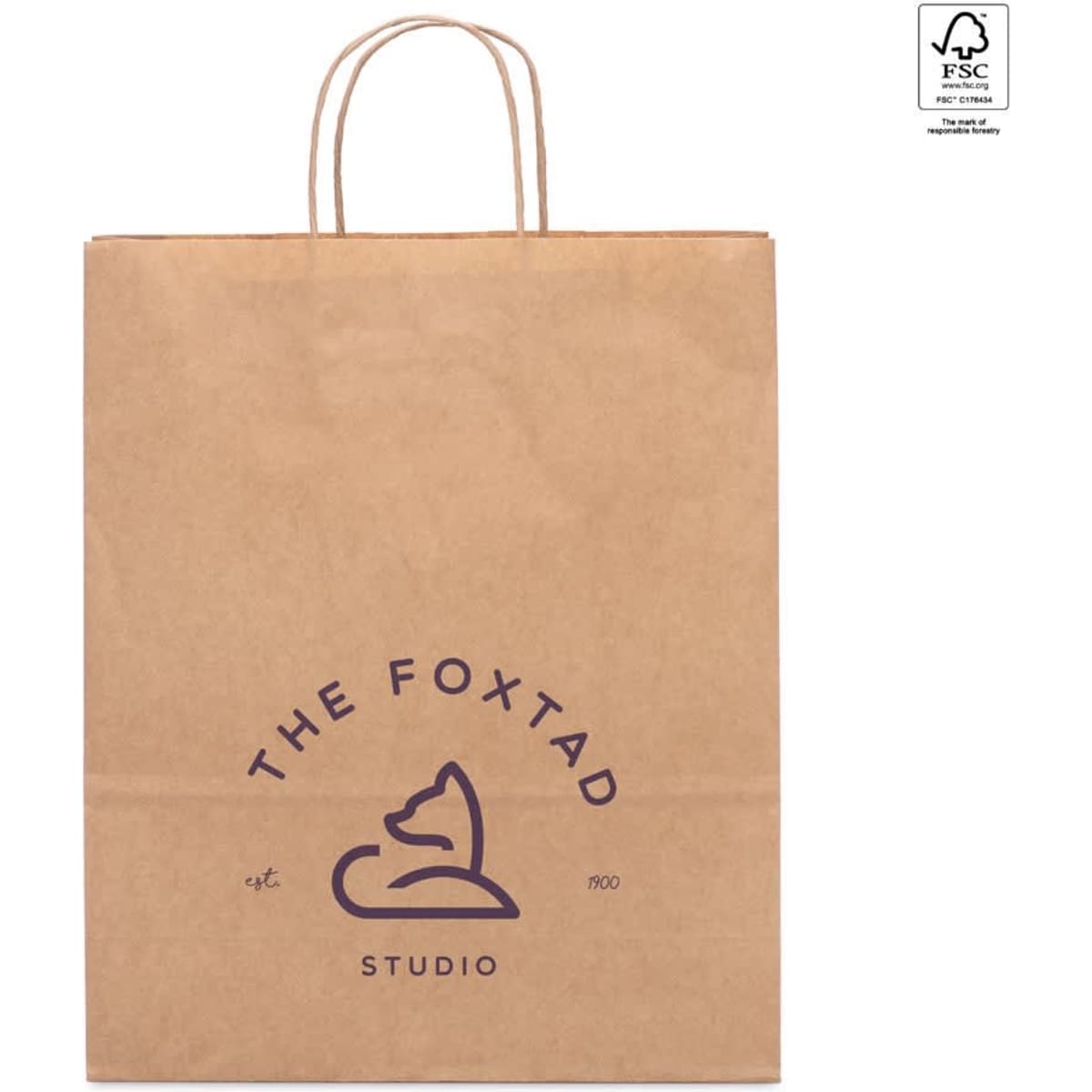 A brown kraft paper bag with handles, featuring a logo in dark purple.