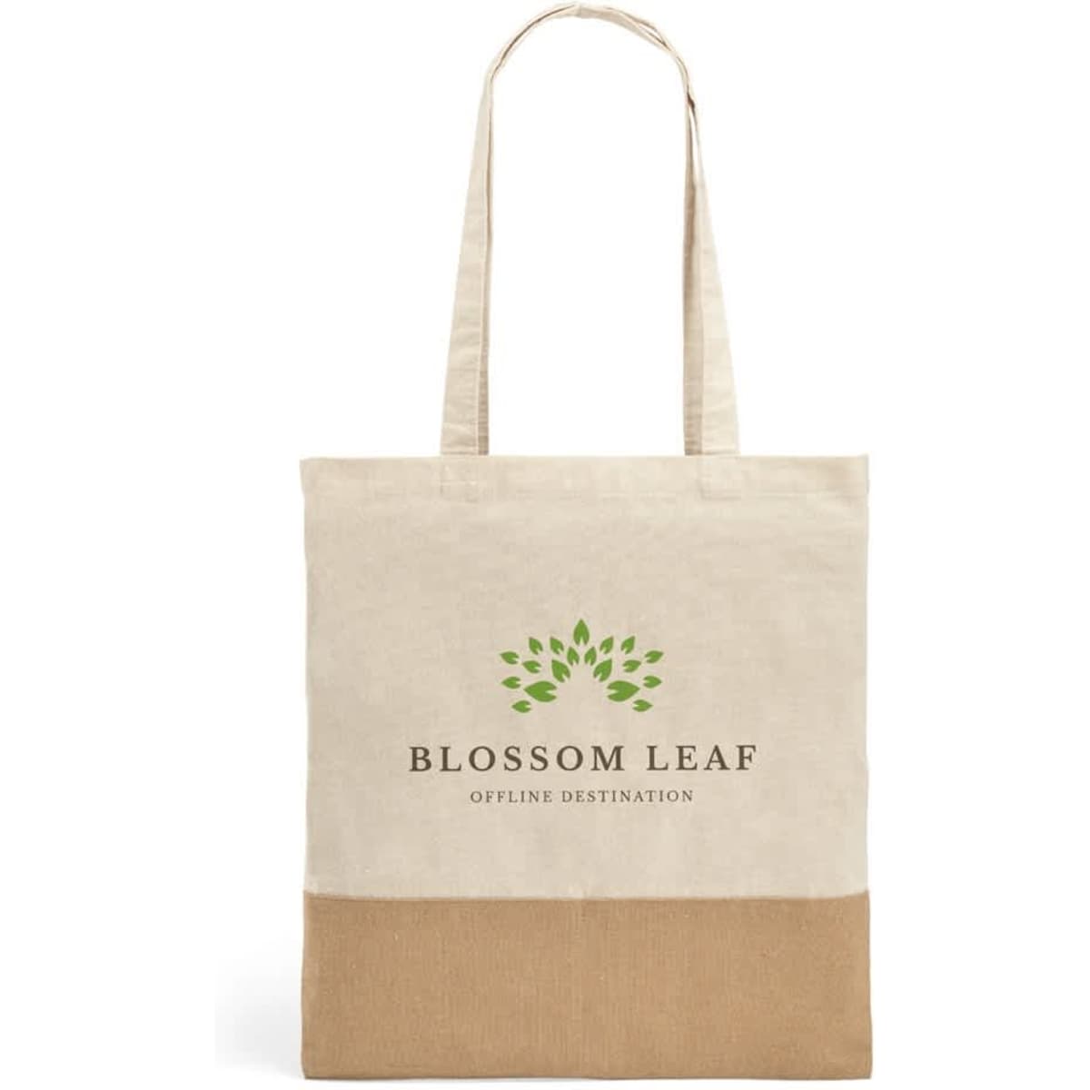 A cream tote bag with imitation jute details and a logo featuring green leaves on the front.