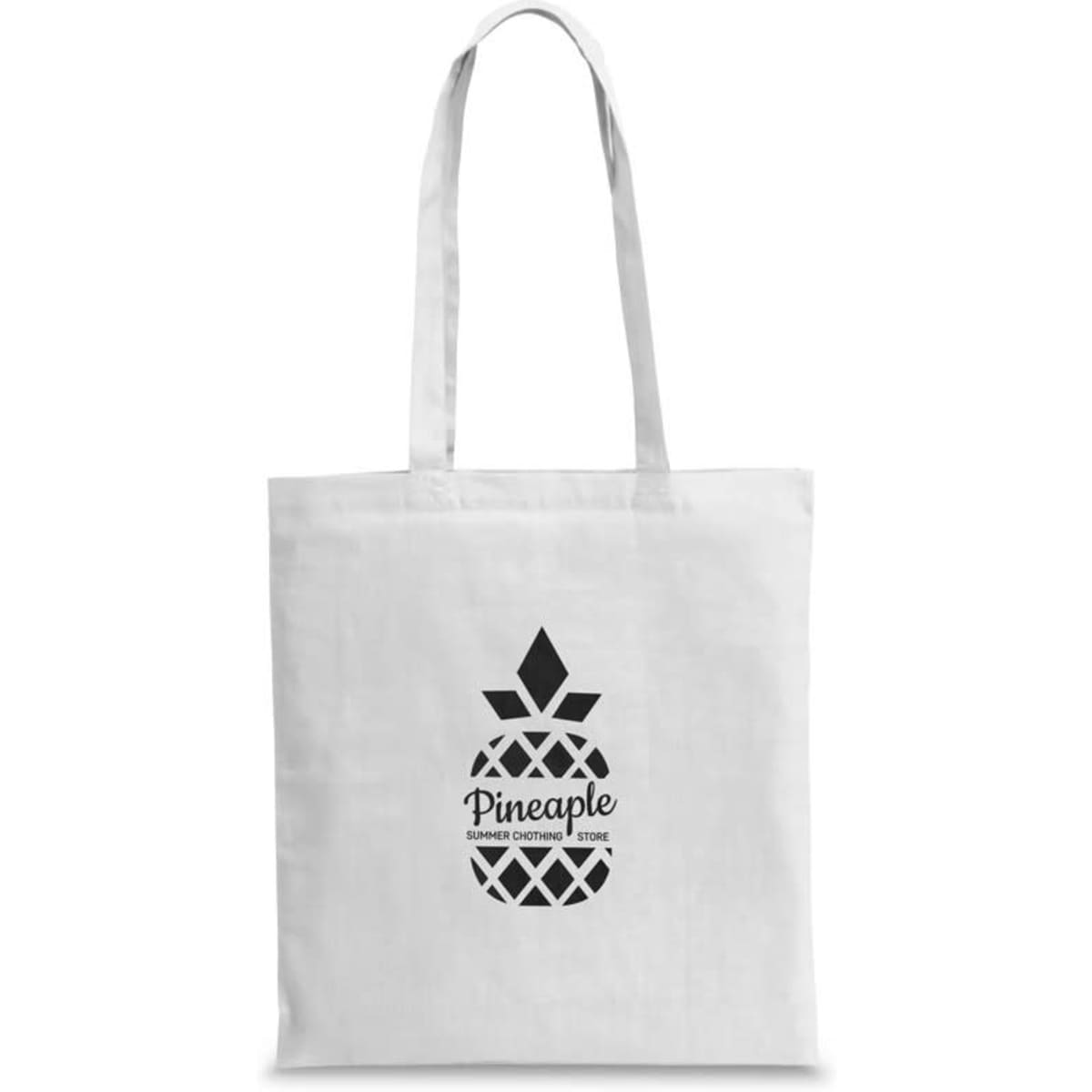 A white tote bag made of 100% cotton featuring a black pineapple design and logo.