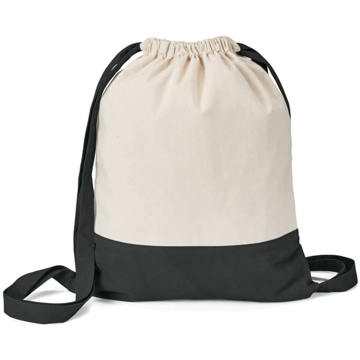 A drawstring bag in natural cotton with a black bottom, featuring adjustable straps and a logo.