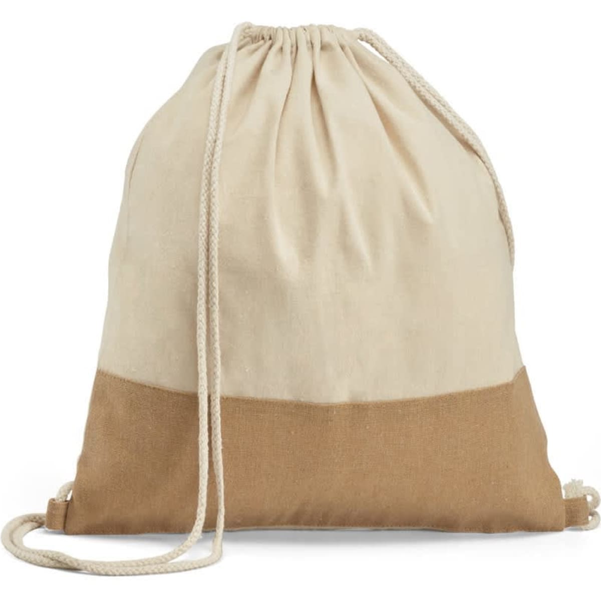 A beige and tan 100% cotton drawstring bag with a natural twine closure and a small logo.