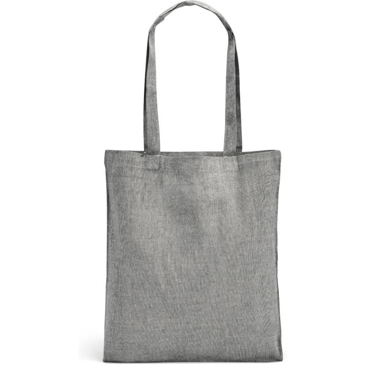A grey tote bag made from 70% recycled cotton and 30% polyester, featuring sturdy handles and no visible branding.