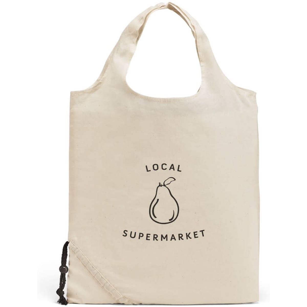 A foldable tote bag in cream colour, featuring a simple logo and equipped with a drawstring closure.
