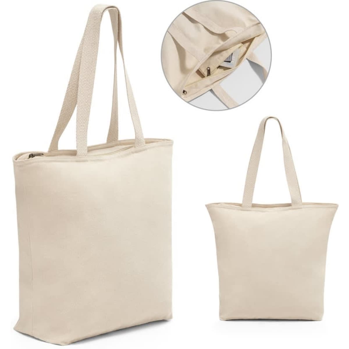 A cream tote bag made of 100% cotton, featuring a zipper and two shoulder straps. It includes a small inset image.