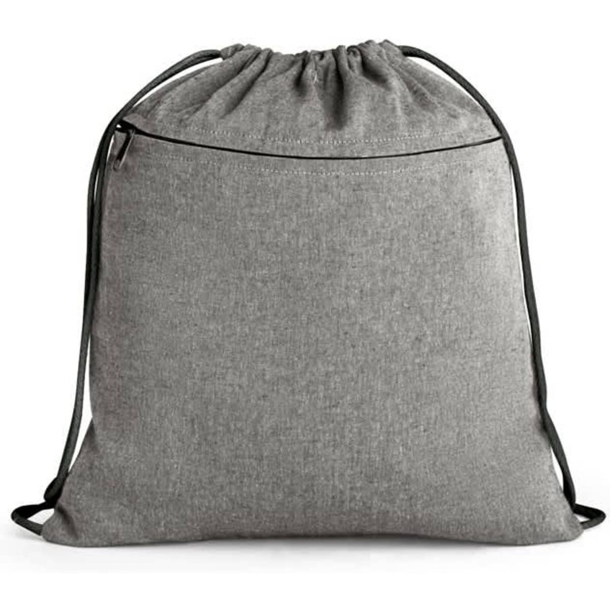 A grey drawstring bag made from recycled cotton and polyester, featuring a logo and a zip pocket.