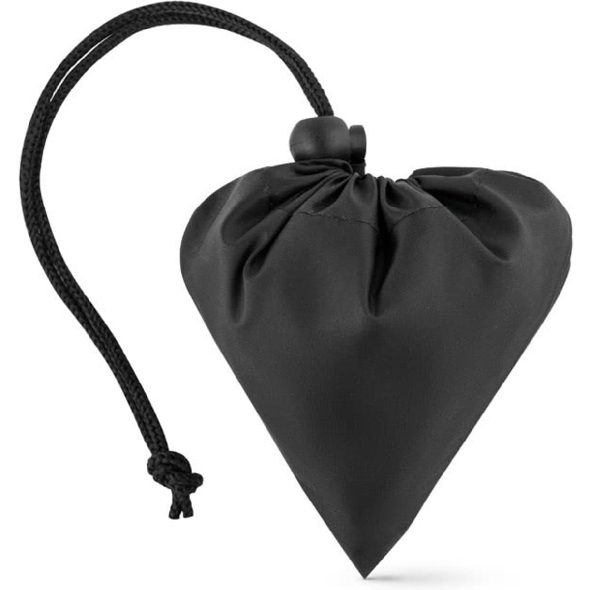 A foldable bag in black, shaped like a heart, featuring a drawstring closure. It has a branding logo.