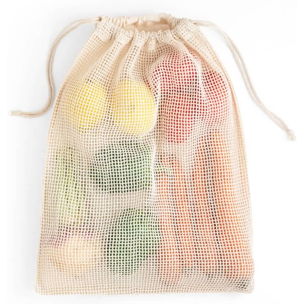 A light beige cotton bag with a mesh front, filled with various colourful fruits and vegetables.