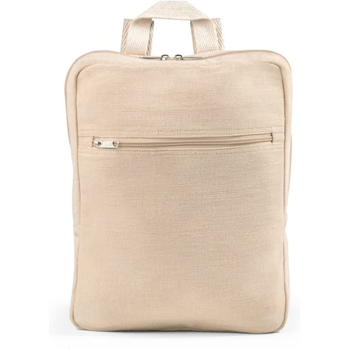 A beige Juco backpack with a front zip pocket and two shoulder straps. It features a textured fabric and a logo.
