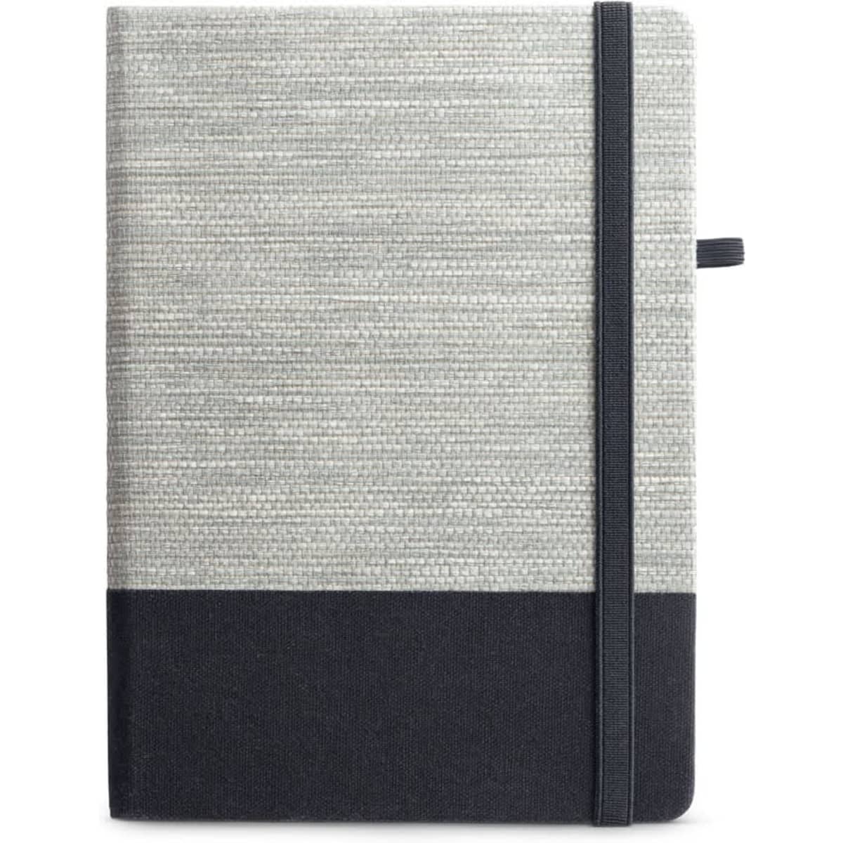 A5 notebook in grey straw fibre and navy cotton canvas, featuring lined pages and a matching elastic band.
