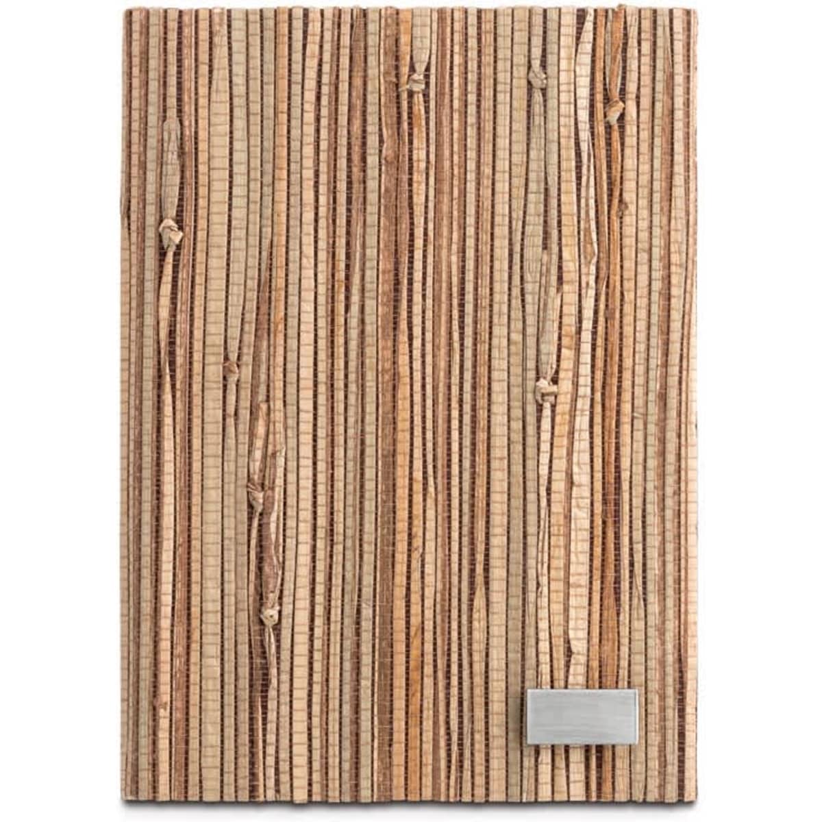 A hardcover A5 notebook made from natural straw fibres, featuring a textured design and a metallic logo plate.