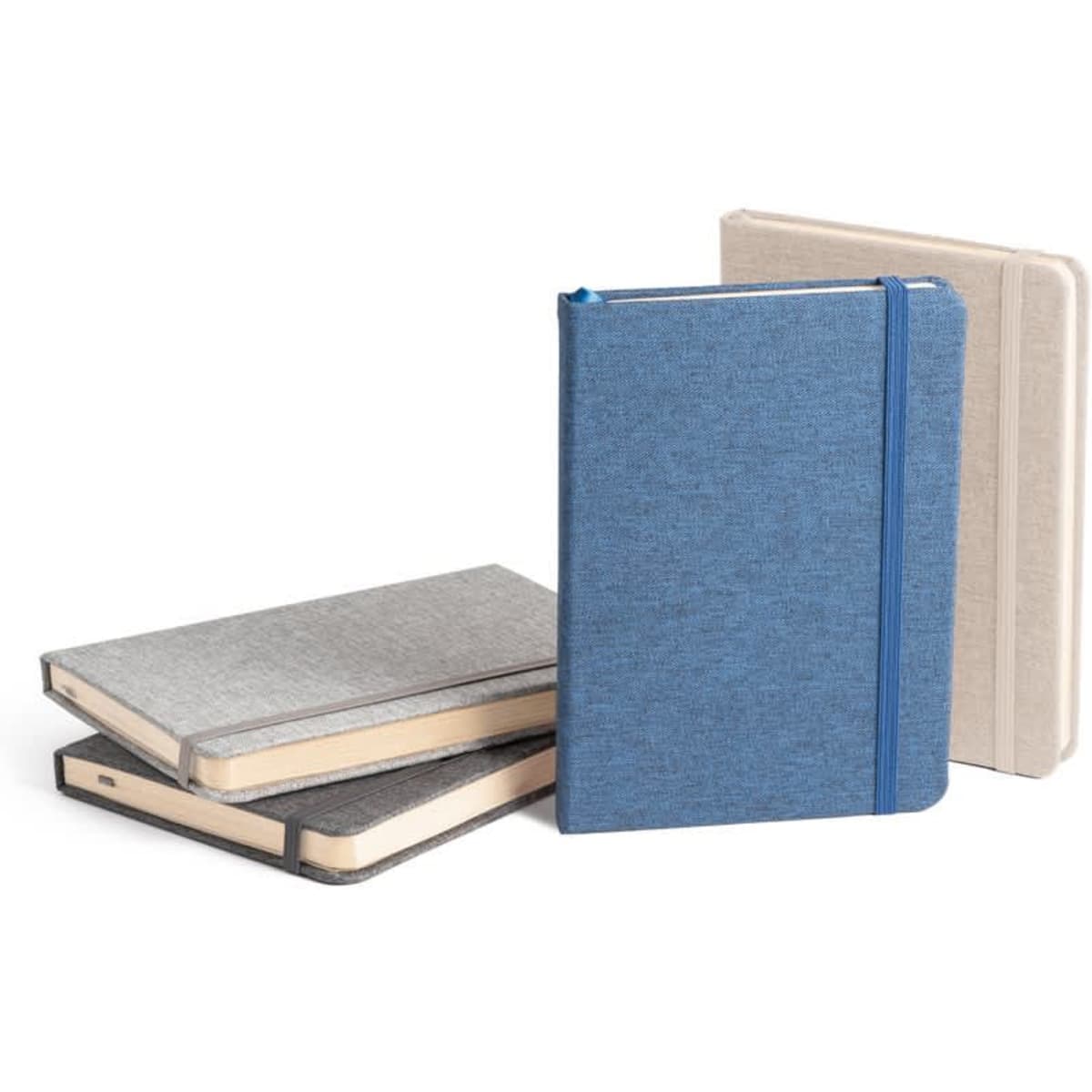 A collection of A5 notebooks in blue, grey, and beige, featuring lined sheets and a logo on the cover.