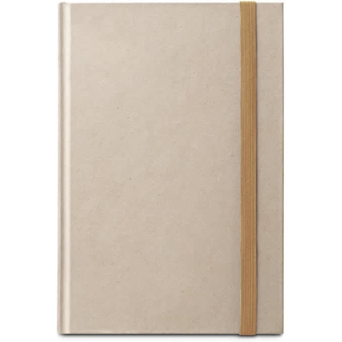 A hardcover notebook in beige with lined pages and an elastic band closure. Made from 80% sugar cane paper.