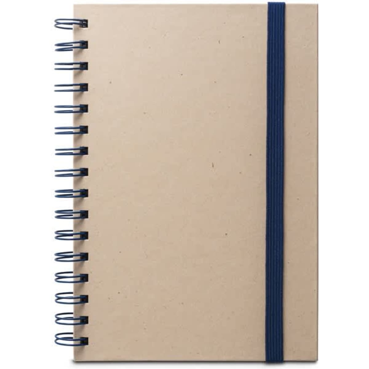 A hard cover A5 notebook with rings, featuring a natural brown finish and a navy elastic band.