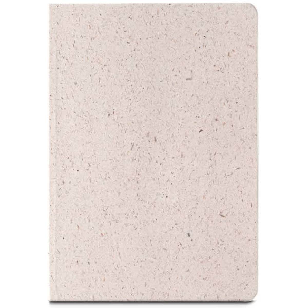 A semi-rigid A5 notepad with a light beige cover made from organic elephant matter, featuring a logo.