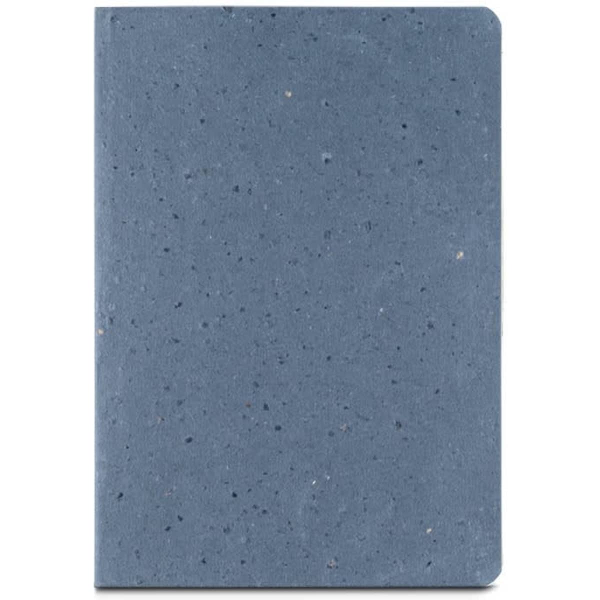 A5 notepad with a semi-rigid cover made from coffee husk waste, featuring a speckled blue finish.