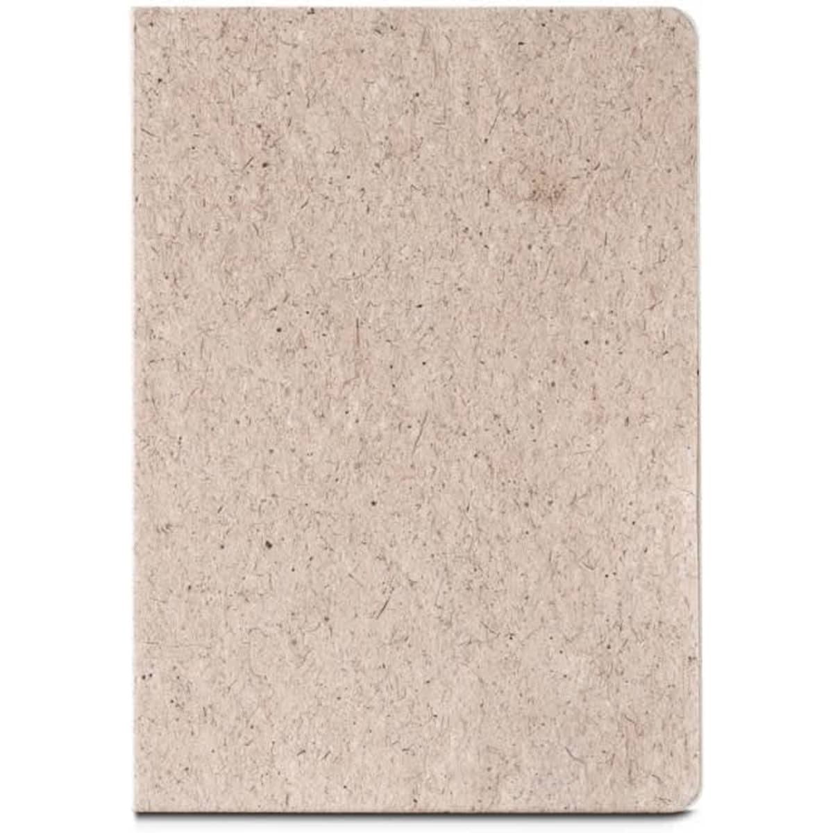 A semi-rigid A5 notebook with a textured, natural brown cover made from 65% tea leaf waste. It features a logo.
