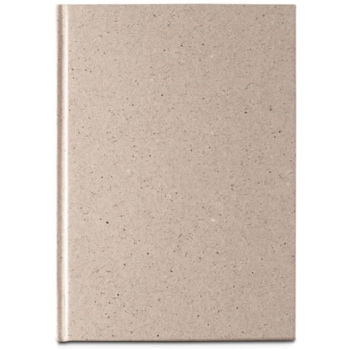 A hard-covered A5 notebook made from 65% tea leaf waste, featuring a textured beige exterior and a logo.