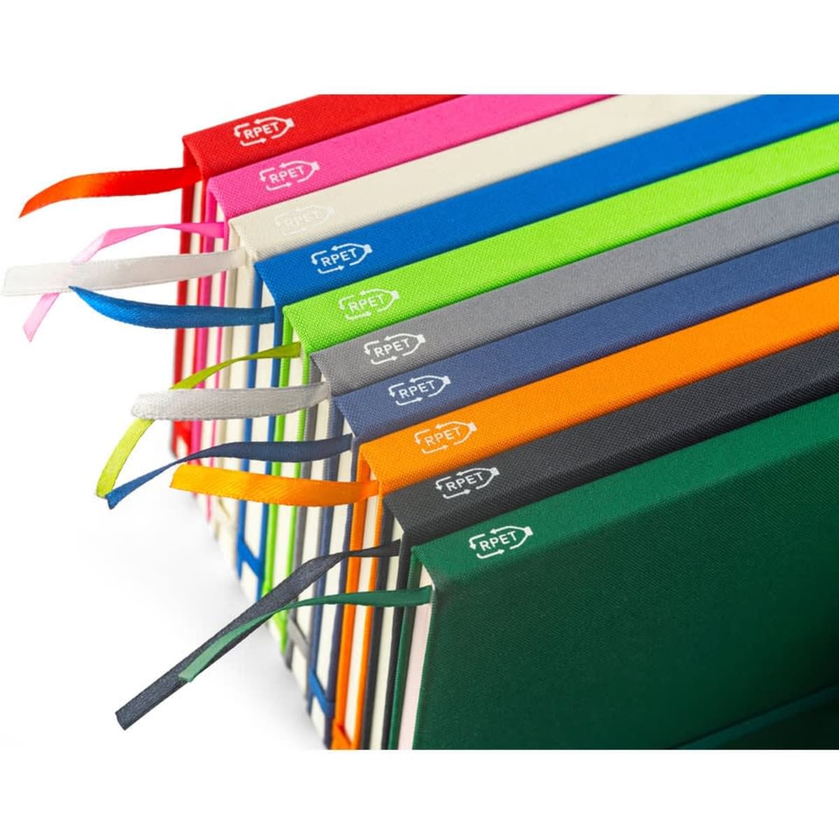 A collection of A5 notebooks in various colours made from recycled polyester, featuring lined pages and branded logos.