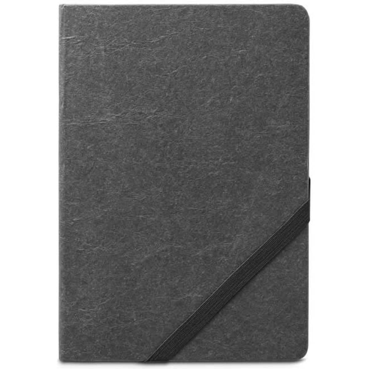A grey A5 notebook with a hard cover made from water-resistant paper, featuring an elastic band closure and a logo.
