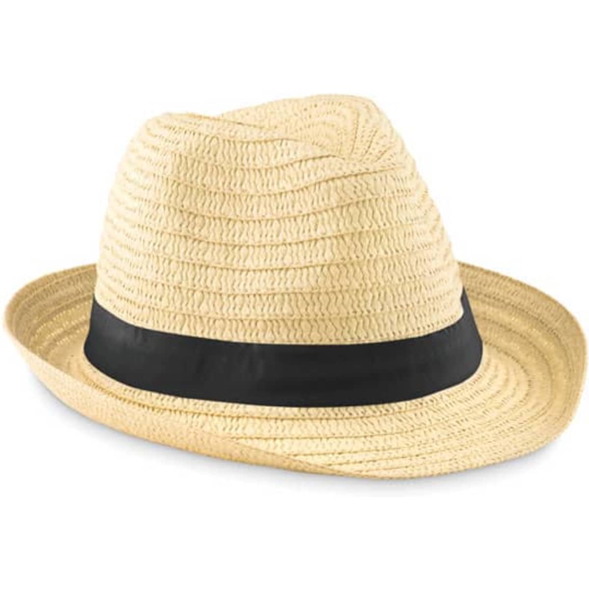 A straw fedora hat in a light tan colour with a black ribbon band around the base.