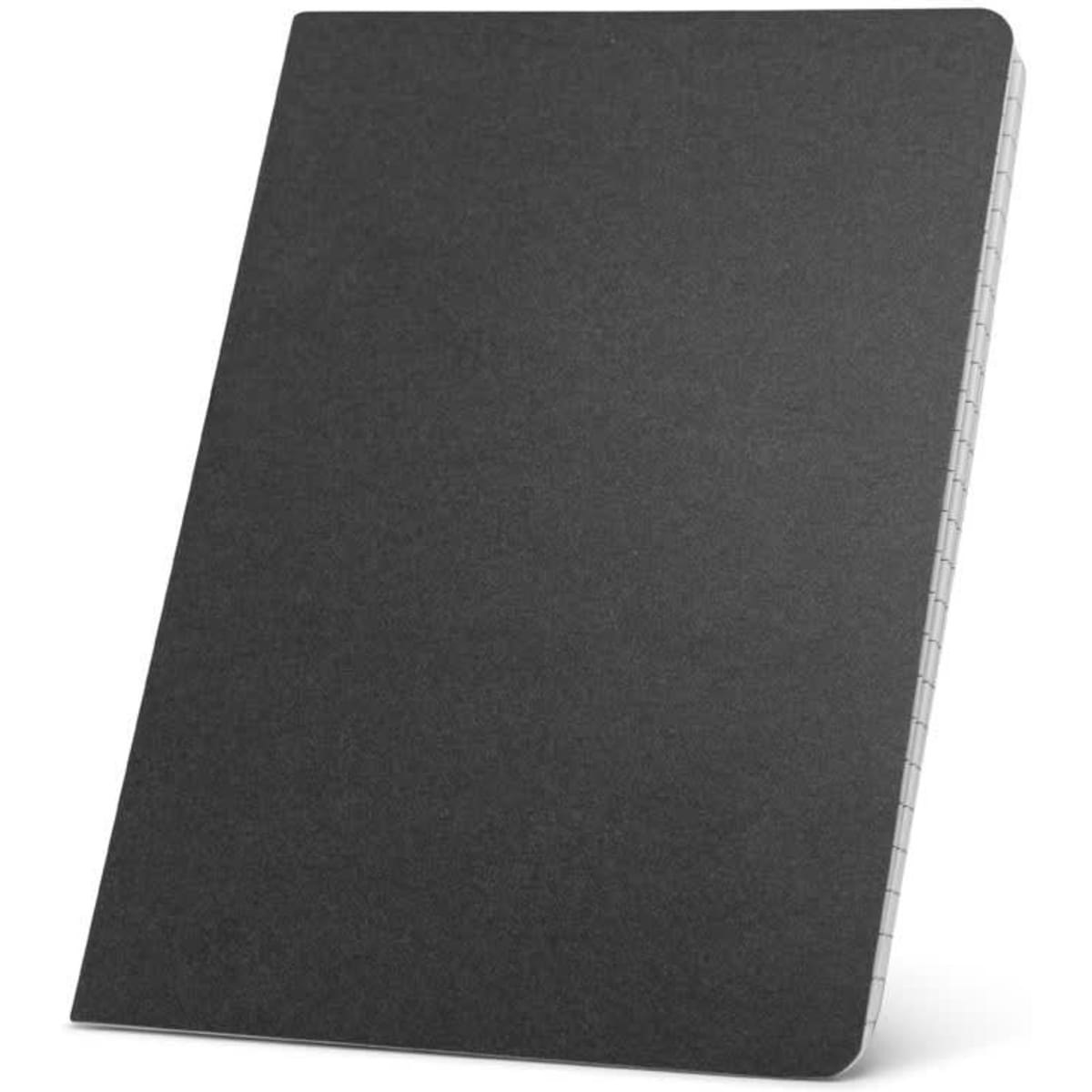 A notebook with lined sheets, featuring a dark grey cover and a logo on the front.