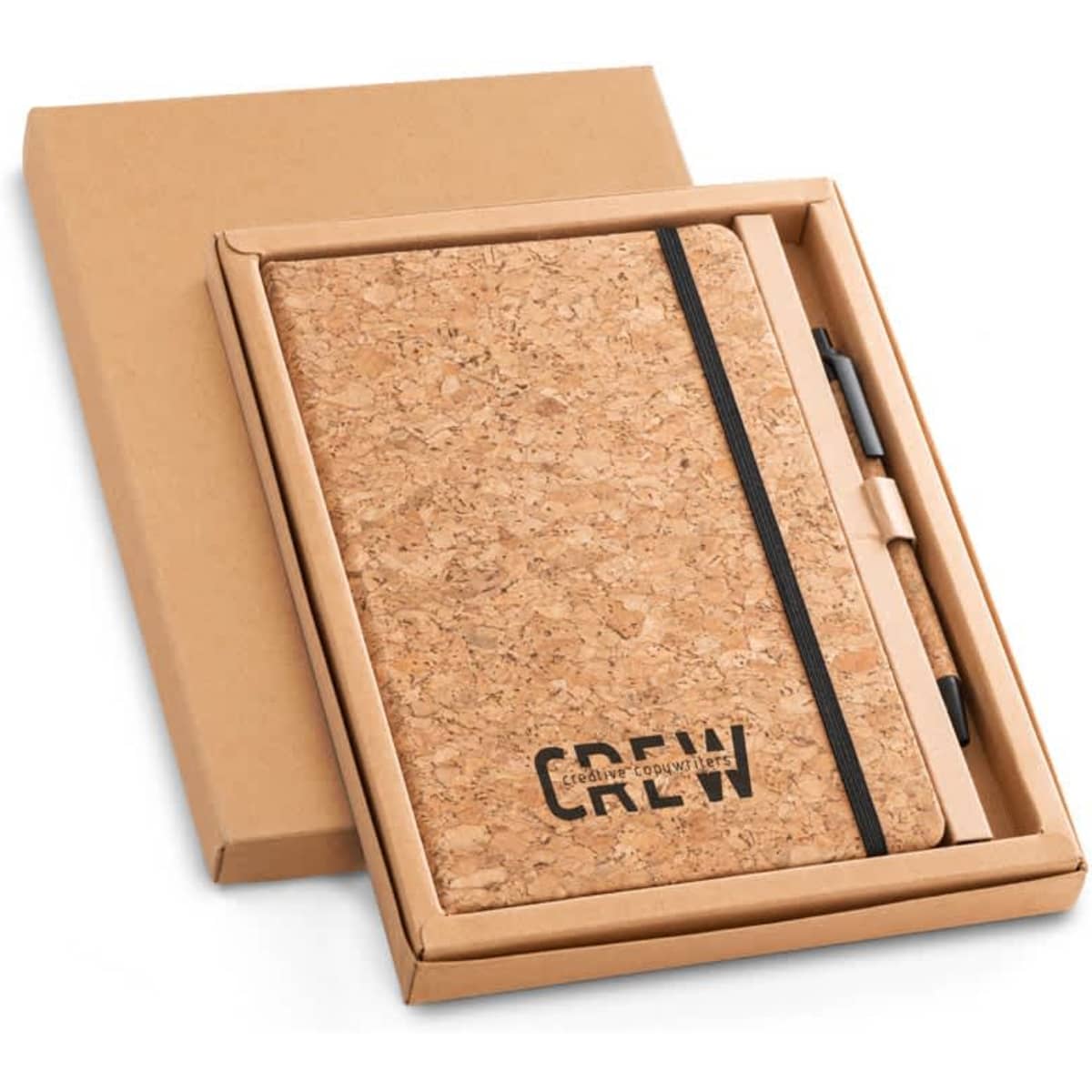 A cork A5 notebook with a black elastic band and a ballpoint pen, presented in a cardboard gift box.