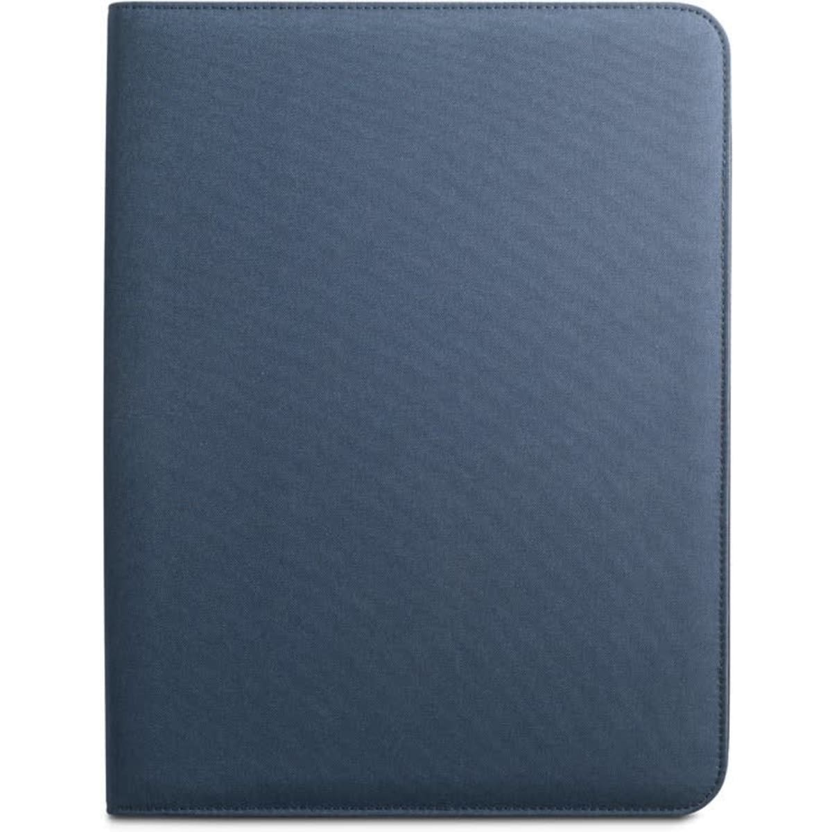 A blue A4 folder made from recycled polyester, featuring a zipper and a logo on the cover.