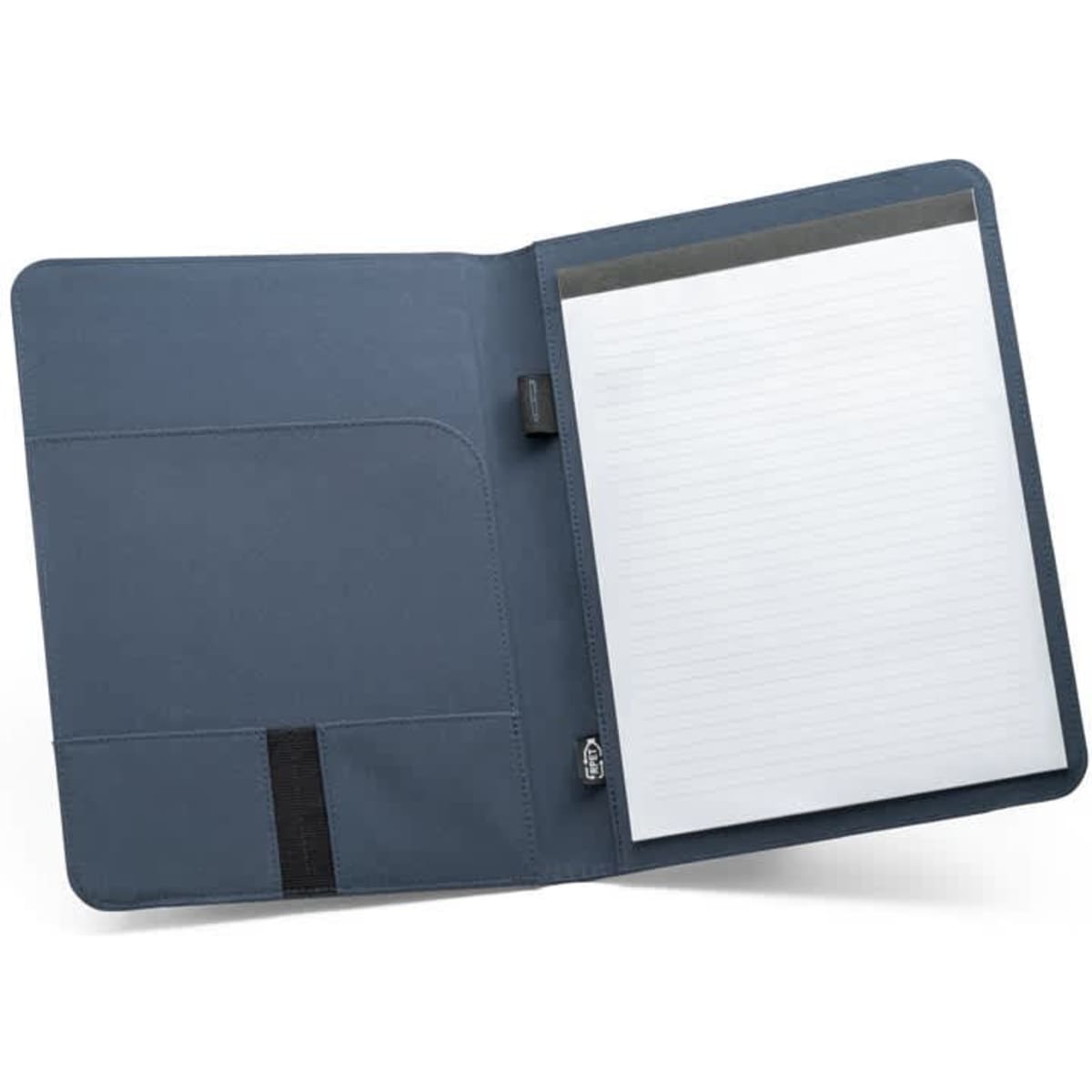 A grey A4 folder made from recycled polyester, featuring an elastic closure and an inner pocket for notes.