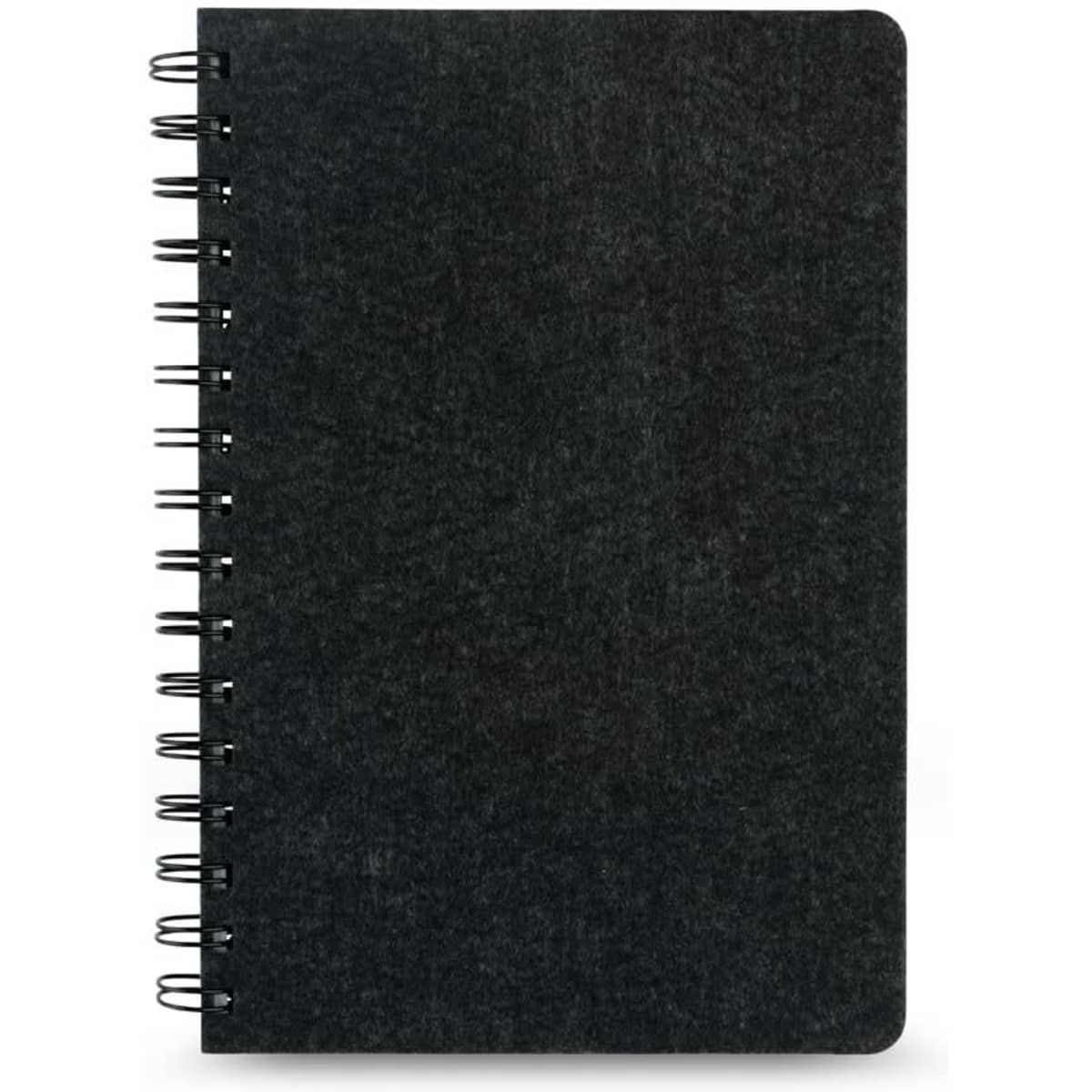 A5 notebook with a semi-hard cover in black recycled felt, featuring rings and lined pages.