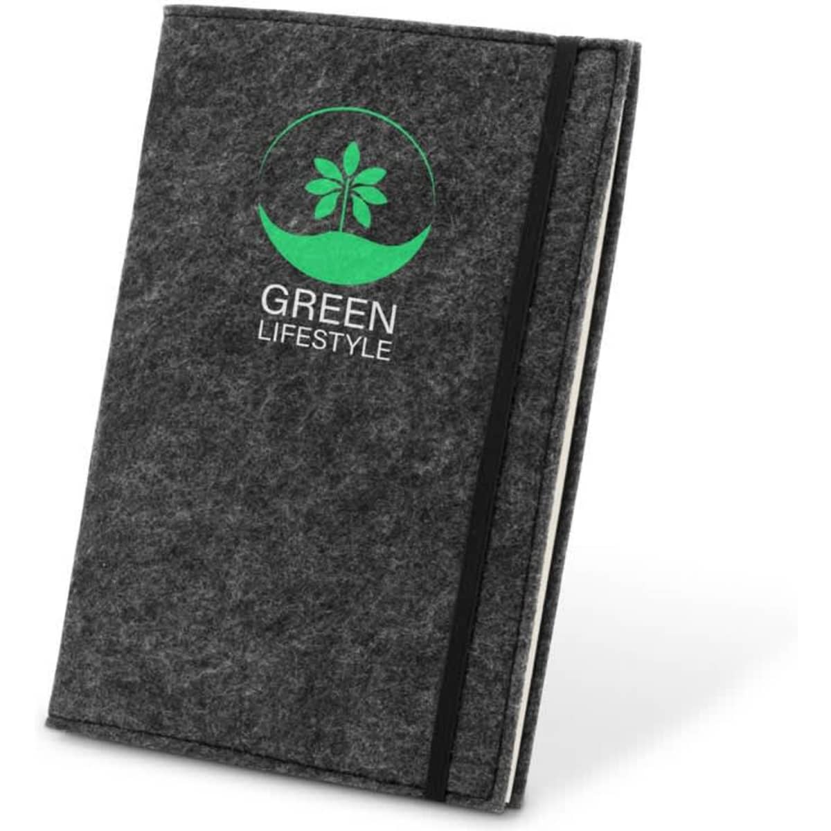 A dark grey A5 notebook with a recycled felt cover, lined pages, and an embedded logo.