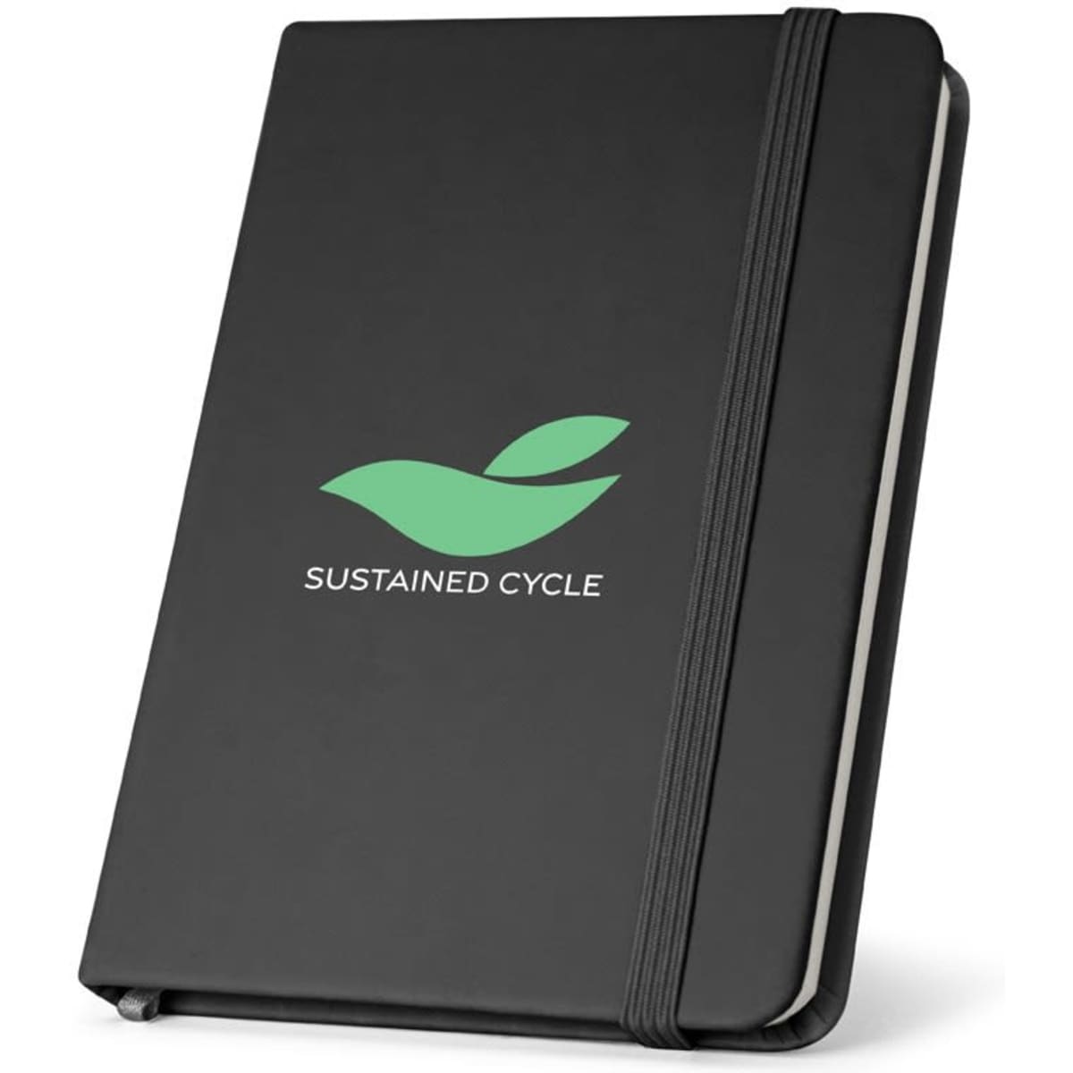 A black A5 hardcover notebook with a lined page interior and an elastic band, featuring a logo on the cover.