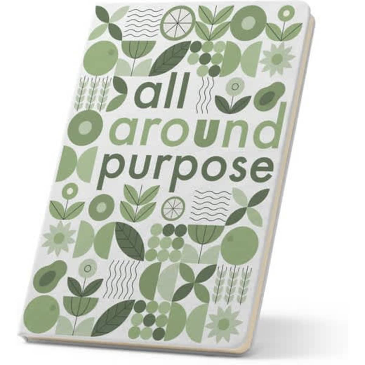 A5 notebook in recycled polyester featuring a green botanical design and a logo on the cover.