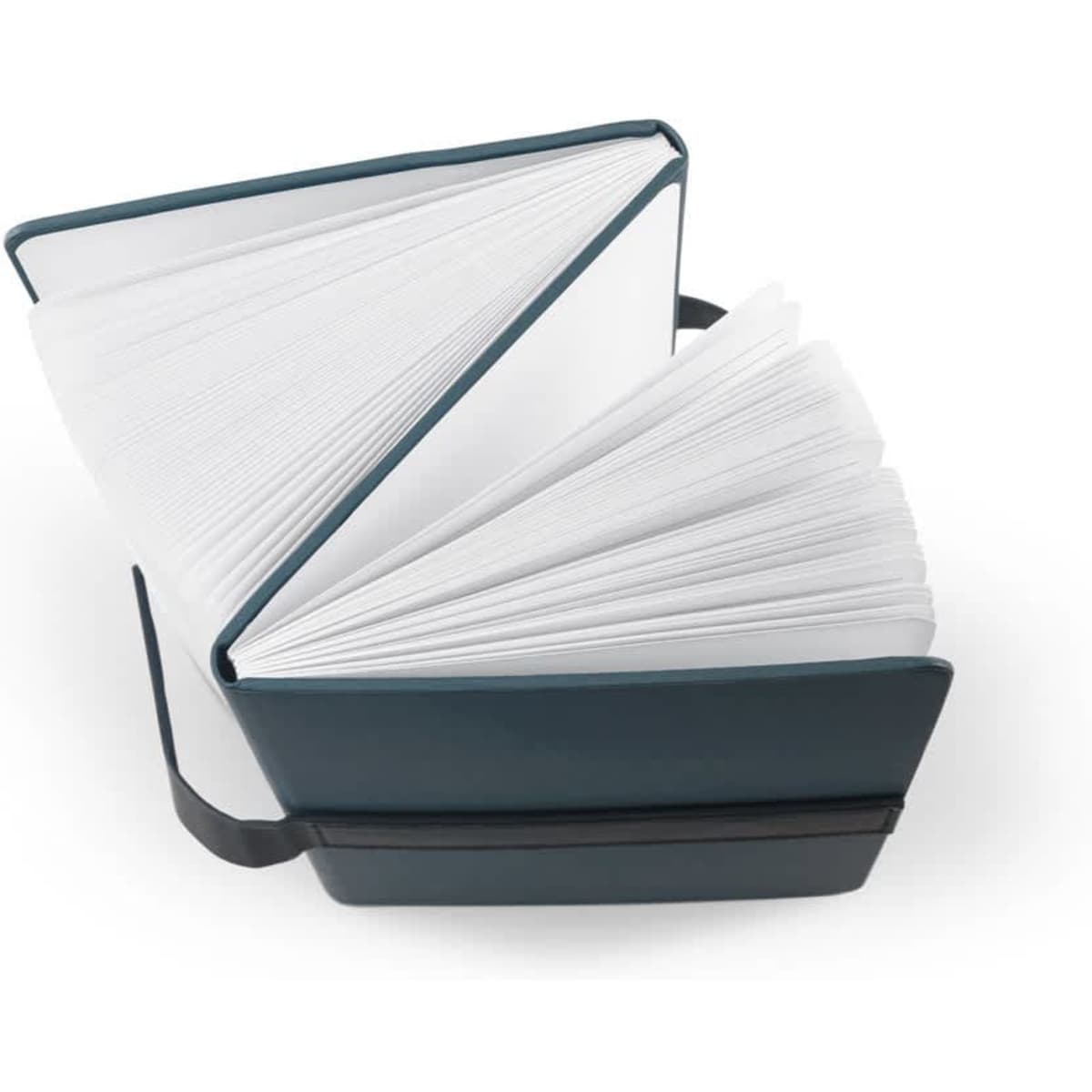 A5 notebook in dark blue PU, featuring lined and plain pages. Includes a black elastic closure and has branding.