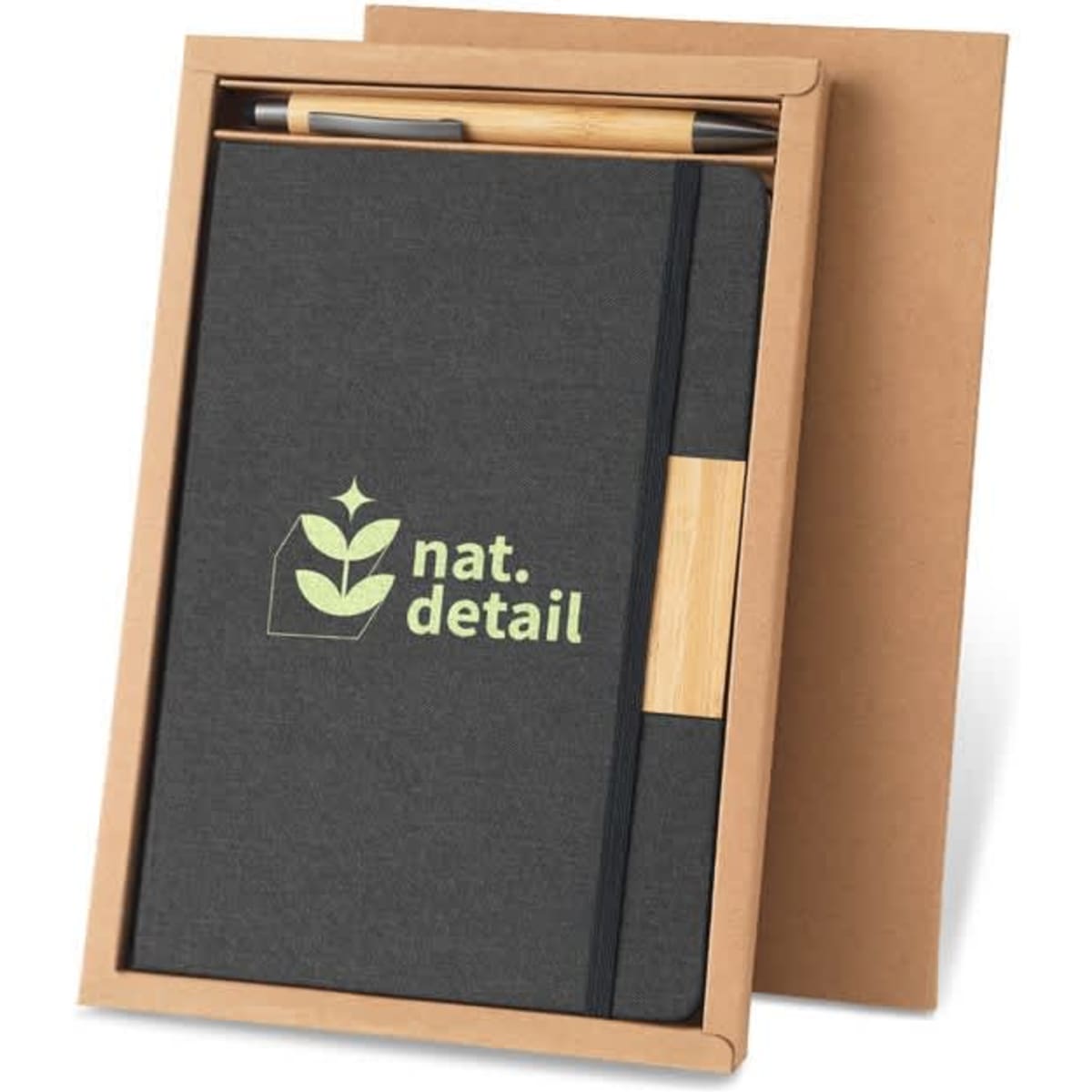 A black hardcover A5 notebook with a bamboo ballpoint pen, presented in a brown cardboard box.