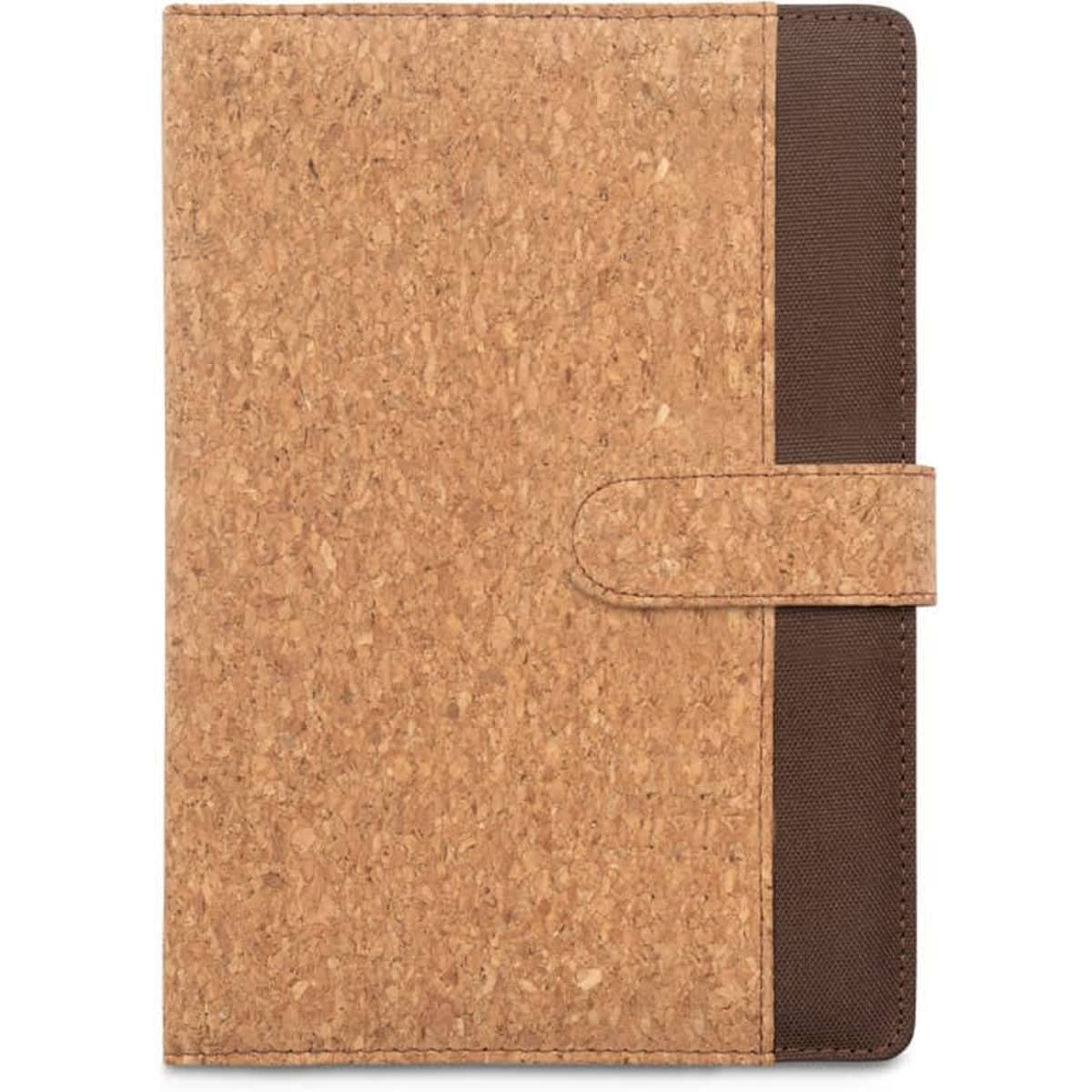 A cork A5 folder with a dark brown fabric side and a removable notebook, featuring a closure flap.