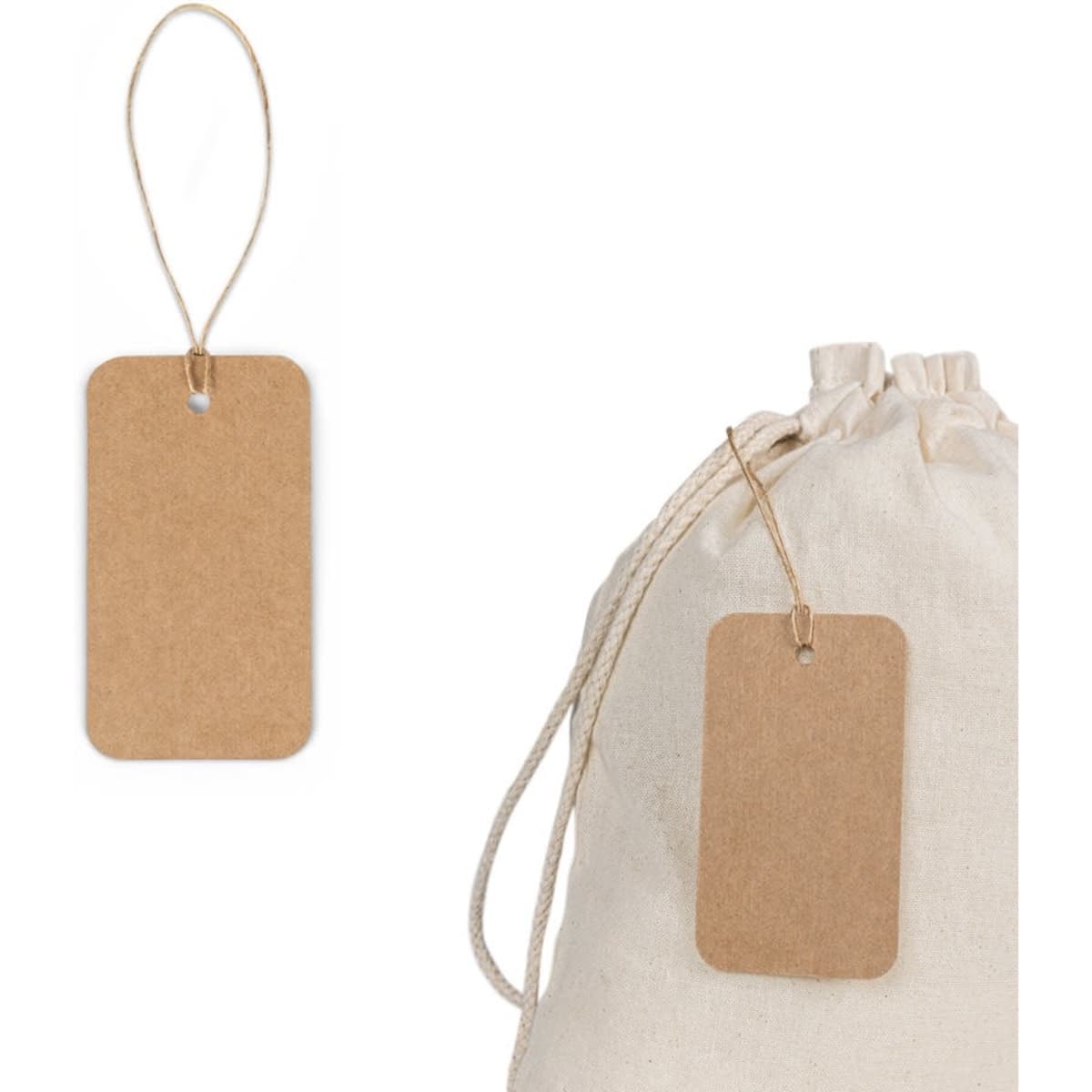 A rectangular label made from 100% recycled paper, featuring a natural brown colour and attached to a fabric bag.