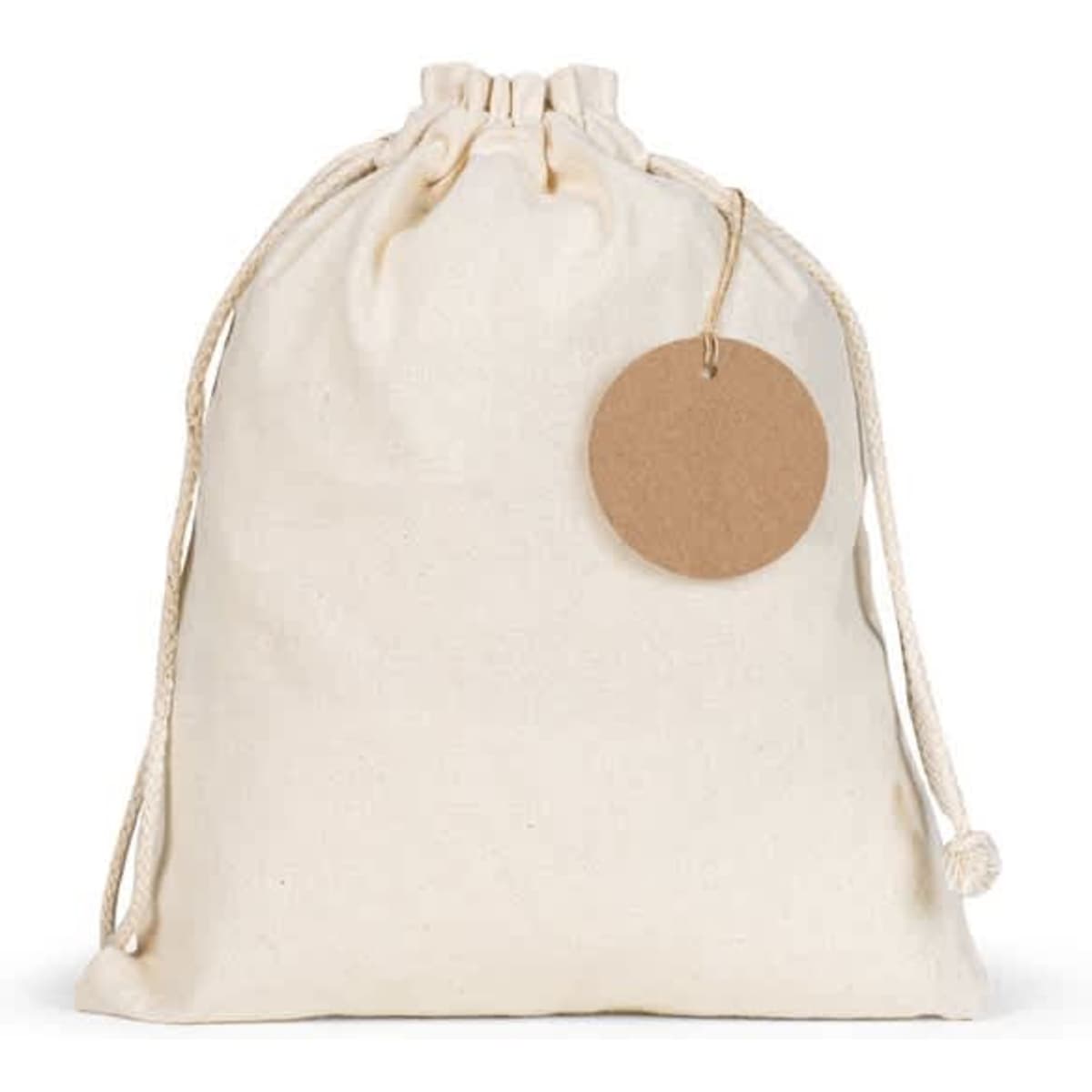 A drawstring bag made of natural cotton, featuring a round brown tag attached to the drawstring.