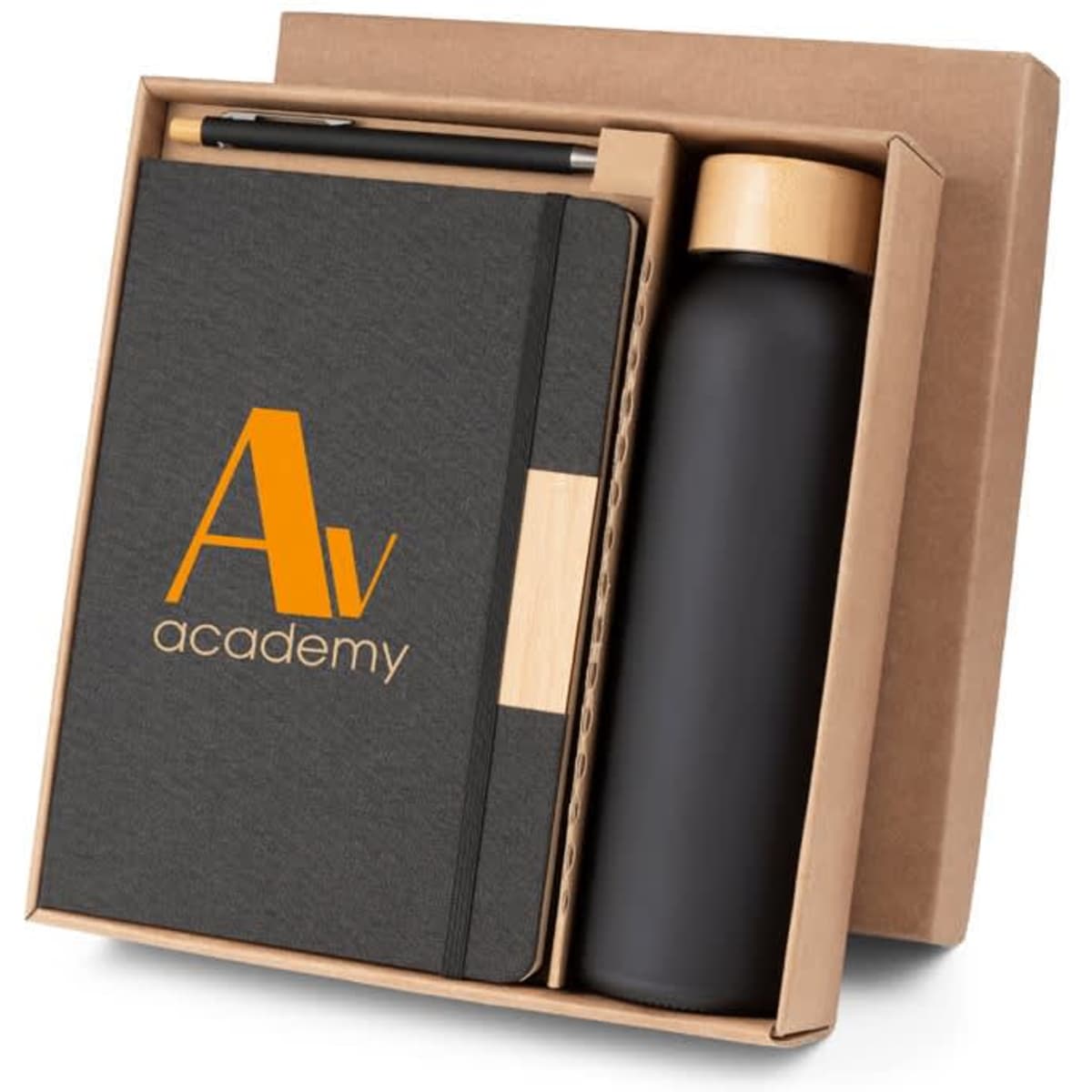 A drink bottle, black notebook with bamboo accents, and ballpoint pen in a cardboard gift box.