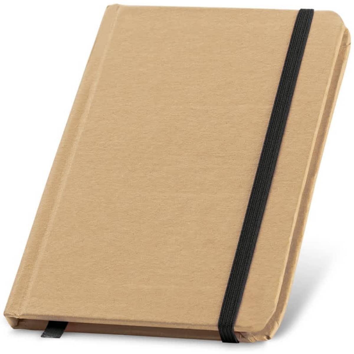 A pocket-sized notebook in a tan cover, secured with a black elastic band, featuring plain pages inside.