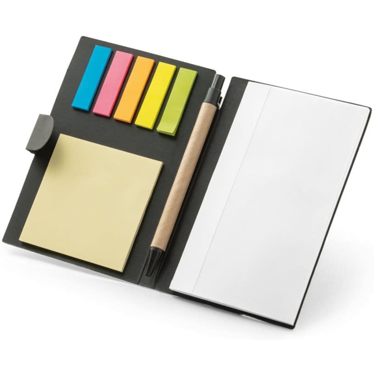 A coloured sticky notepad set featuring six sets of sticky notes in pink, blue, yellow, and green, alongside a pen.