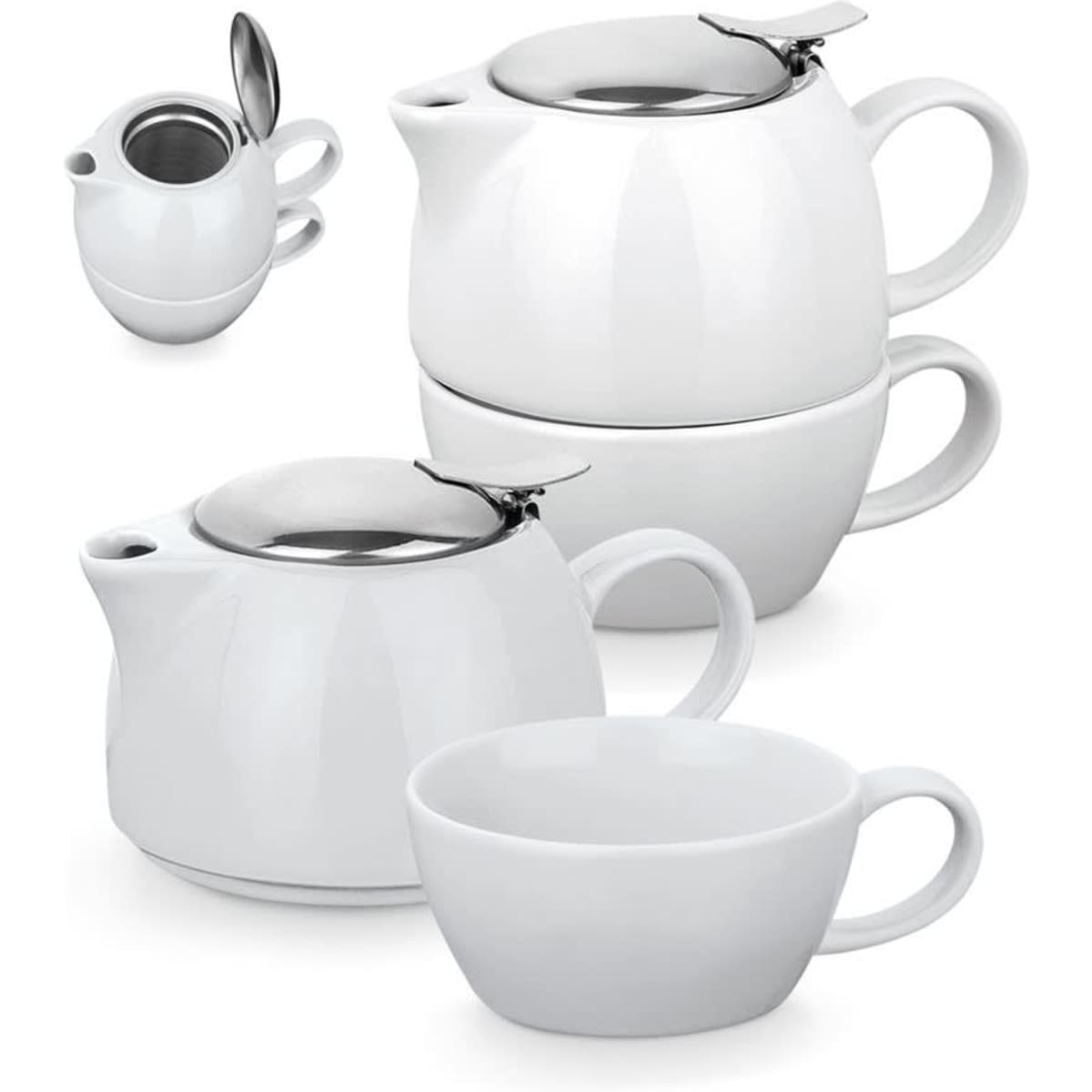 A porcelain tea set in white, featuring a teapot, sugar bowl, and cups, stacked together with stainless steel accents.