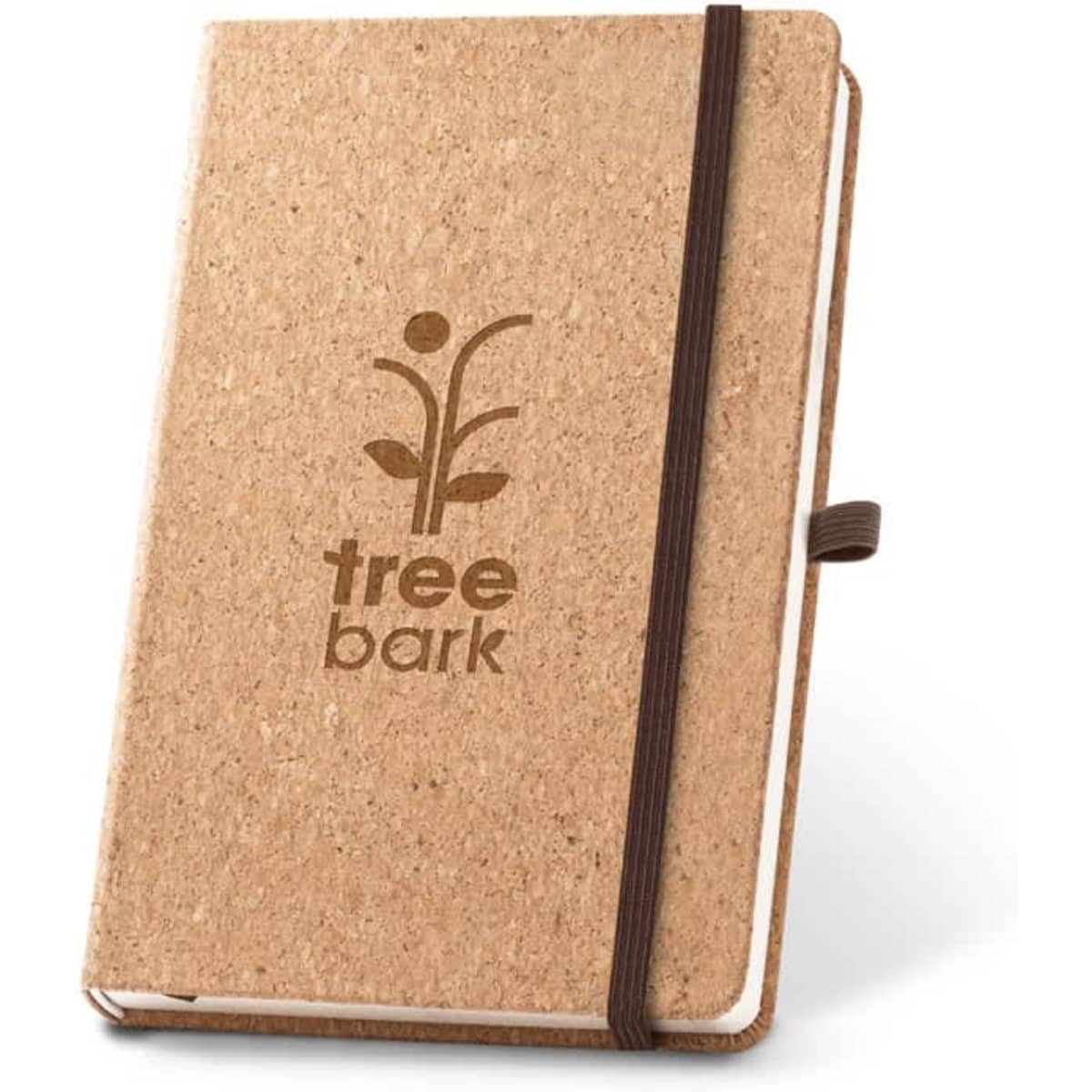 A cork notebook with plain pages and a brown elastic band, featuring a branding logo on the cover.
