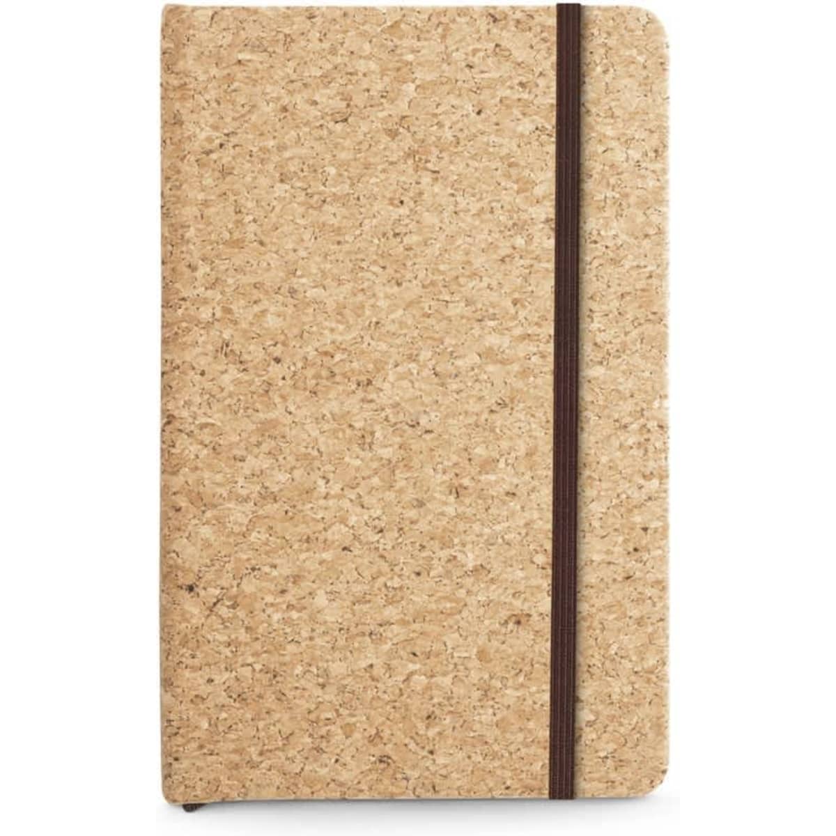A cork notebook with a plain brown elastic band, featuring a natural cork exterior and 160 blank pages.