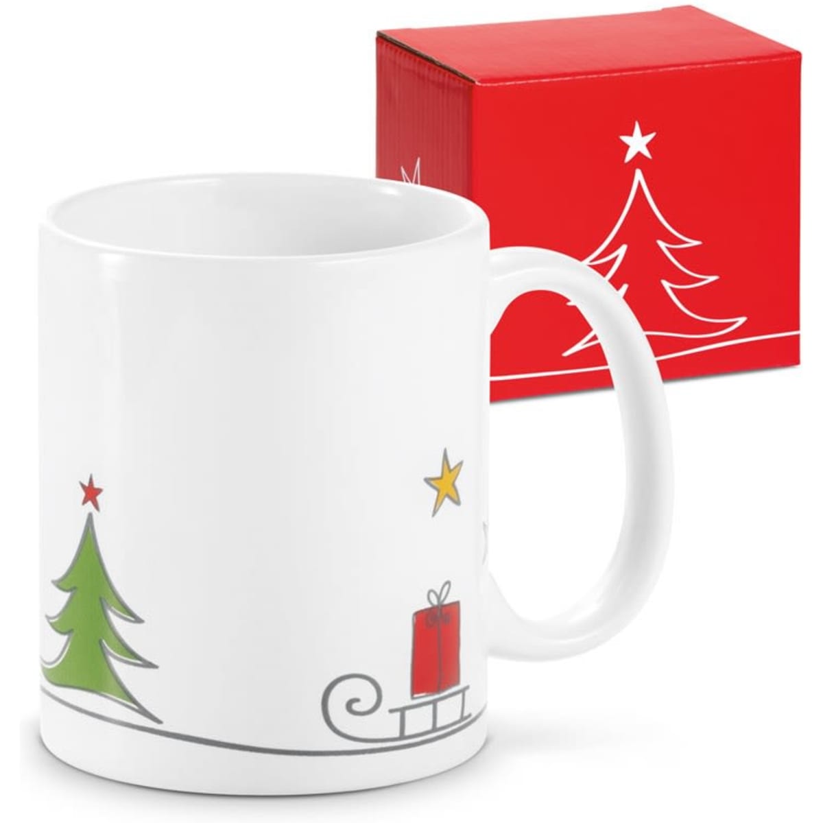 A white coffee mug featuring festive decorations, including a tree, stars, and a present, with a red gift box.