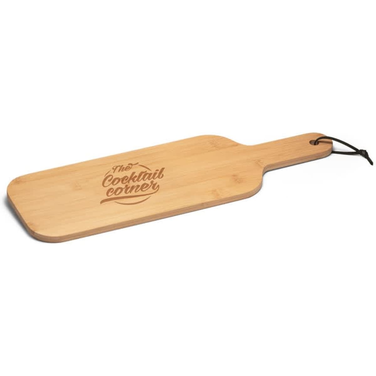 A rectangular bamboo serving tray with a handle, featuring a logo. The tray has a natural wood finish.