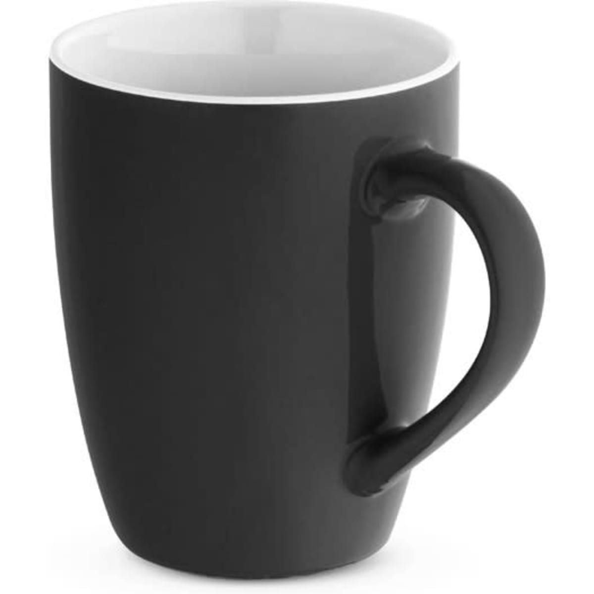 A glossy black ceramic mug with a contrasting inner colour and a sturdy handle. It features a logo.