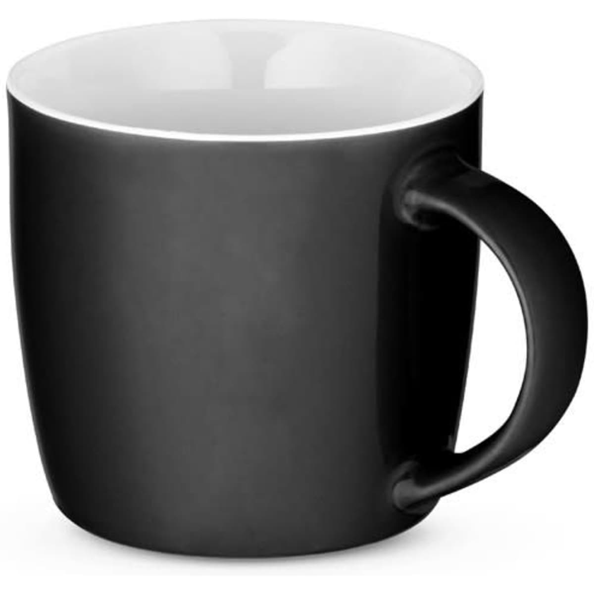 A glossy black ceramic mug with a smooth rounded shape and a comfortable handle. Features a white interior.