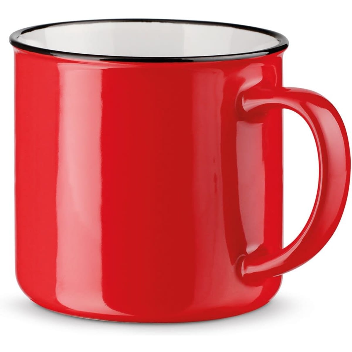 A ceramic mug in bright red with a black rim and a sturdy handle. It has a logo on the side.