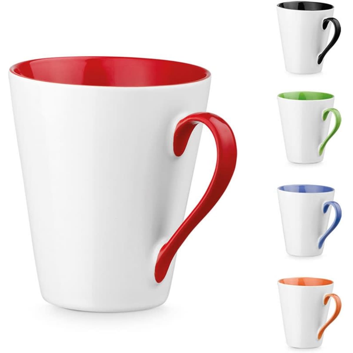 A ceramic mug with a white exterior and a vibrant red handle, featuring a glossy finish. Includes assorted colour options.